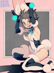 Rule 34 | 1boy, animal ears, blush, brown hair, fake animal ears, leotard, looking at viewer, male focus, male playboy bunny, nintendo, nipples, open mouth, playboy bunny, rabbit ears, rabbit tail, rex (xenoblade), sasaki tomomi, simple background, smile, solo, tail, thighhighs, trap, xenoblade chronicles (series), xenoblade chronicles 2