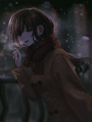 Rule 34 | 1girl, :d, absurdres, arm at side, blurry, blush, breath, brown coat, brown hair, building, coat, dark, depth of field, distortion, dot nose, from side, hand up, highres, kyano (kyanora3141), leaning forward, long bangs, long hair, long sleeves, looking at viewer, night, open mouth, original, outdoors, railing, red scarf, scarf, sidelocks, skyscraper, smile, snowing, solo, straight hair, teeth, upper body, upper teeth only
