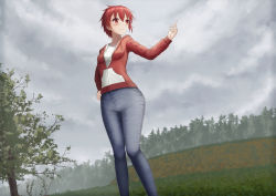 Rule 34 | 1girl, blue pants, blush, breasts, closed mouth, cloud, cloudy sky, commentary, commission, day, drawstring, english commentary, grass, hair between eyes, hand on own hip, hand up, highres, jacket, long sleeves, looking away, looking to the side, original, outdoors, pants, prophosphere, red eyes, red hair, red jacket, shirt, sky, small breasts, smile, solo, standing, tree, white shirt