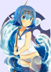 Rule 34 | 1girl, artist name, blackma (pagus0012), blue background, blue eyes, blue hair, blue panties, blue sailor collar, blush, breasts, cleavage, collarbone, creatures (company), dated, eyes visible through hair, fishing rod, game freak, hair ornament, headband, highres, lana (pokemon), looking at viewer, navel, nintendo, panties, pokemon, pokemon sm, sailor collar, shirt, short hair, skindentation, sleeveless, sleeveless shirt, small breasts, smile, solo, standing, striped clothes, striped panties, text focus, thigh gap, underwear, water, white panties, white shirt