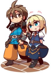 Rule 34 | +++, 1boy, 1girl, :d, ahoge, arm behind back, belt, belt buckle, black footwear, black gloves, blonde hair, blue eyes, blue skirt, blue vest, blush, boots, braid, brown belt, brown eyes, brown footwear, brown hair, buckle, chibi, closed mouth, commentary request, elbow gloves, etrian odyssey, eye contact, fingerless gloves, frederica irving, gloves, hair between eyes, hand up, head tilt, highlander (etrian), index finger raised, knee boots, long hair, looking at another, low twintails, naga u, open mouth, orange pants, pants, plaid, puffy pants, puffy short sleeves, puffy sleeves, sekaiju no meikyuu, shin sekaiju no meikyuu, shirt, short sleeves, side braids, skirt, smile, twin braids, twintails, unmoving pattern, vest, walking, white background, white shirt