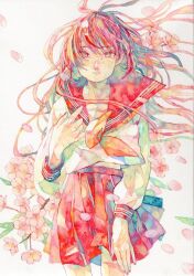 Rule 34 | 1girl, cherry blossoms, closed mouth, collared shirt, commentary request, eyelashes, flower, full body, hair lift, hand on own chest, high-waist skirt, light smile, long hair, long sleeves, looking at viewer, midriff, miniskirt, nail polish, neckerchief, oka yuuri, original, painting (medium), petals, pink eyes, pink flower, pink hair, pink sailor collar, pink skirt, red nails, sailor collar, sailor shirt, school uniform, shirt, skirt, straight-on, traditional media, very long hair, watercolor (medium), white shirt, wind, wind lift, yellow neckerchief