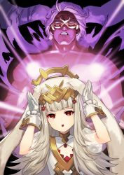Rule 34 | 1boy, 1girl, animal ears, brother and sister, collarbone, commentary request, crown, dark skin, fake animal ears, fire emblem, fire emblem heroes, flower, gloves, hair between eyes, hair flower, hair ornament, highres, kokouno oyazi, leotard, long hair, looking at viewer, mask, mask around neck, muscular, mysterious man (fire emblem), nintendo, open mouth, parted lips, playboy bunny, rabbit ears, rabbit pose, red eyes, removing shirt, siblings, silver hair, teeth, topless male, veronica (fire emblem)