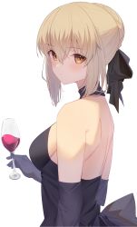 Rule 34 | 1girl, absurdres, alcohol, artoria pendragon (all), artoria pendragon (fate), back, bare shoulders, black dress, blonde hair, braid, breasts, cup, dress, drinking glass, fate/stay night, fate (series), french braid, hair bun, hair ribbon, highres, jun (aousa0328), long hair, looking at viewer, medium breasts, ribbon, saber alter, sidelocks, simple background, single hair bun, white background, wine, wine glass, yellow eyes