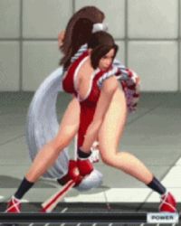 Rule 34 | 1girl, 3d, animated, animated gif, bare legs, bare shoulders, bouncing breasts, breasts, brown hair, cleavage, downblouse, hand fan, fatal fury, female focus, fingerless gloves, gloves, hanging breasts, holding, holding weapon, idle animation, large breasts, leaning forward, legs, long hair, lowres, ninja, pelvic curtain, ponytail, revealing clothes, shiranui mai, snk, solo, the king of fighters, the king of fighters xiv, weapon