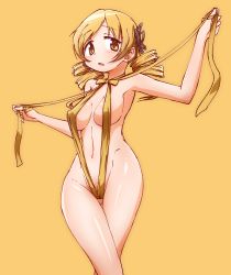 Rule 34 | 1girl, absurdres, arms up, bikini, black ribbon, blonde hair, blush, breasts, breasts apart, completely nude, covered erect nipples, drill hair, feet out of frame, hair ribbon, highres, large breasts, looking at viewer, mahou shoujo madoka magica, mahou shoujo madoka magica (anime), medium breasts, naked ribbon, navel, nude, open mouth, ribbon, simple background, slingshot swimsuit, solo, strap gap, swimsuit, tomoe mami, twin drills, yanmaami, yellow background, yellow bikini, yellow eyes, yellow theme