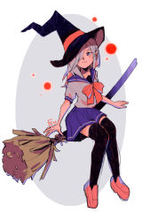 Rule 34 | 1girl, :|, absurdres, black hat, black thighhighs, blue eyes, blue sailor collar, bow, bowtie, broom, broom riding, closed mouth, commentary, covered eyes, english commentary, full body, grey hair, hair over eyes, hat, highres, k1ruse, large bow, long hair, looking to the side, mole, mole under eye, original, pleated skirt, red bow, red footwear, sailor collar, shirt, short sleeves, skirt, solo, thighhighs, white shirt, witch hat, zettai ryouiki