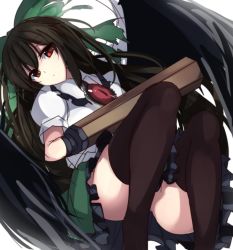Rule 34 | 1girl, arm cannon, bird wings, black hair, black thighhighs, black wings, bow, cape, closed mouth, collared shirt, frilled shirt collar, frilled skirt, frills, gluteal fold, green bow, green skirt, hair bow, highres, janne cherry, long hair, looking at viewer, no panties, one-hour drawing challenge, puffy short sleeves, puffy sleeves, red eyes, reiuji utsuho, shirt, short sleeves, sitting, skirt, solo, thighhighs, third eye, touhou, weapon, white background, white shirt, wings