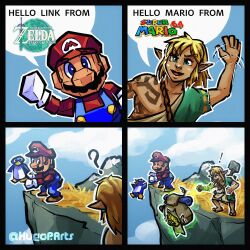 Rule 34 | !, 2boys, ?, archaic set (zelda), asymmetrical clothes, bird, blonde hair, blue eyes, blue overalls, blue sky, brown hair, cliff, cloud, comic, dropping, facial hair, gameplay mechanics, gloves, grass, green tunic, hat, hello yoshi from super mario (meme), highres, hugop arts, korok, link, low poly, mario, mario (series), meme, multiple boys, mustache, nintendo, overalls, penguin, penguin (mario), pointy ears, red headwear, short hair, single bare shoulder, single sleeve, sky, super mario 64, the legend of zelda, the legend of zelda: tears of the kingdom, waving, weapon behind back, white gloves
