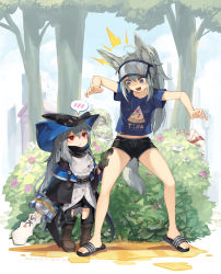 Rule 34 | aged down, alternate costume, animal ears, arknights, asicah, bare legs, big bob (arknights), black gloves, black headwear, black pants, black shorts, blouse, blue eyes, blue shirt, can, chaps, character request, claymore (sword), clothing cutout, drink can, gloves, grani (arknights), grass, hair between eyes, hat, highres, horse ears, horse girl, horse tail, long hair, low-tied long hair, pants, plant, print shirt, red eyes, sandals, shirt, short shorts, shorts, silver hair, skadi (arknights), soda bottle, soda can, spoken blush, tail, thigh cutout, thighs