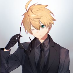 Rule 34 | 1boy, 38098877, ;), ahoge, arthur pendragon (fate), black gloves, black necktie, black shirt, black vest, blonde hair, closed mouth, collared shirt, commentary, unworn eyewear, fate/grand order, fate/prototype, fate/prototype: fragments of blue and silver, fate (series), formal, glasses, gloves, gradient background, green eyes, hair between eyes, holding, holding removed eyewear, long sleeves, looking to the side, male focus, necktie, official alternate costume, one eye closed, shirt, short hair, smile, solo, sunglasses, upper body, vest