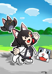 Rule 34 | 1girl, :3, :d, animal ear fluff, animal ears, black hair, chibi, cloud, dated, grass, hair ornament, hairclip, highres, hololive, hood, hoodie, kagelantern, long hair, looking up, mario (series), miochun, multicolored hair, ookami mio, ookami mio (casual), open mouth, outline, paper mario, paper mario: the origami king, paw print, red hair, shadow, shoes, sky, smile, sneakers, streaked hair, taiga (ookami mio), tail, virtual youtuber, white outline, wolf ears, wolf girl, wolf tail