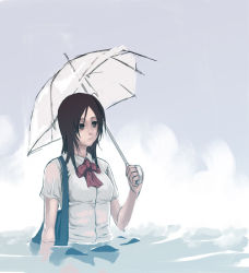 Rule 34 | 1girl, bag, brown eyes, brown hair, female focus, holding, original, outdoors, ribbon, school uniform, sky, solo, umbrella, wading, water, wet, wet clothes, yuuji (and)