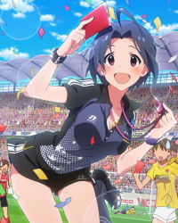 Rule 34 | 10s, 3girls, :d, ahoge, blue hair, breasts, cleavage, confetti, idolmaster, idolmaster (classic), idolmaster million live!, lens flare, miura azusa, multiple girls, official art, open mouth, red card, red eyes, referee, short hair, shorts, smile, soccer, soccer field, soccer jersey, soccer uniform, sportswear, whistle