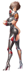 Rule 34 | 1girl, adapted costume, amatsu anri, ass, bodysuit, boots, breasts, butt crack, clenched hand, curvy, eyepatch, female focus, fighting stance, fingerless gloves, full body, gloves, green eyes, highleg, highleg leotard, highres, huge ass, impossible bodysuit, impossible clothes, impossible leotard, large breasts, leotard, lilith-soft, lips, looking at viewer, looking back, revealing clothes, shindol, shiny clothes, shiny skin, skindentation, solo, taimanin (series), taimanin rpgx, taimanin suit, thong, thong leotard, white background, wide hips