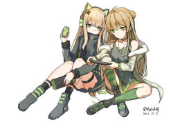 Rule 34 | 2girls, absurdres, black jacket, blonde hair, breasts, camouflage, camouflage jacket, closed mouth, collarbone, controller, dated, double bun, fur-trimmed jacket, fur trim, game controller, girls&#039; frontline, green eyes, green shirt, grey footwear, hair bun, headphones, highres, holding, holding controller, holding game controller, holding jar, jacket, jar, light brown hair, long hair, looking down, multiple girls, on floor, open clothes, open jacket, rfb (girls&#039; frontline), sakatakin, shirt, shoes, socks, striped clothes, striped socks, tmp (girls&#039; frontline), vertical-striped clothes, vertical-striped socks, white background
