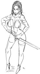 Rule 34 | 1girl, bodysuit, breasts, butcha-u, female focus, full body, long hair, monochrome, solo, sword, weapon, white background