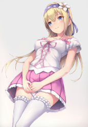 Rule 34 | 10s, 1girl, 3:, blonde hair, blouse, blue eyes, blush, breasts, closed mouth, collarbone, frilled thighhighs, frills, granblue fantasy, grey background, hair between eyes, hairband, highres, jeanne d&#039;arc (inazuma eleven), long hair, medium breasts, own hands together, panties, pantyshot, parfaitlate, pink skirt, pleated skirt, shirt, sidelocks, simple background, skirt, solo, thighhighs, thighs, underwear, white panties, white shirt, white thighhighs