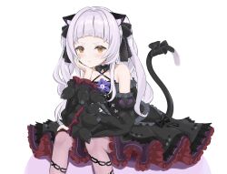Rule 34 | &gt;:(, 1girl, animal ears, arched bangs, bare shoulders, black dress, black sleeves, blush, bow, brooch, brown eyes, cat ears, cat girl, cat tail, chain print, choker, commentary request, criss-cross halter, detached sleeves, dress, dress bow, flat chest, frilled choker, frilled dress, frills, frown, gothic lolita, grey hair, hair ribbon, halter dress, halterneck, highres, hololive, jewelry, layered dress, lolita fashion, long hair, looking at viewer, murasaki shion, murasaki shion (gothic lolita), official alternate costume, pantyhose, print pantyhose, purple pantyhose, ribbon, short dress, short eyebrows, sidelocks, simple background, sitting, sleeveless, sleeveless dress, solo, star (symbol), star brooch, tail, tail bow, tail ornament, toge delta, twintails, v-shaped eyebrows, virtual youtuber, white background, wide sleeves