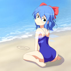 Rule 34 | 1girl, anime coloring, ass, barefoot, blue eyes, blue hair, blush, bow, cato (monocatienus), circled 9, cirno, competition school swimsuit, day, feet, from behind, full body, hair bow, ice, ice wings, legs, looking at viewer, looking back, matching hair/eyes, one-piece swimsuit, outdoors, petite, plantar flexion, school swimsuit, sitting, smile, solo, swimsuit, team shanghai alice, touhou, tsurime, wariza, wavy hair, wings
