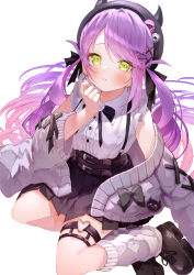 Rule 34 | 1girl, absurdres, belt, beret, black bow, black footwear, black hat, black skirt, blush, bow, breasts, commentary request, earrings, fake horns, frilled sleeves, frills, from above, green eyes, grey jacket, hair ornament, hairclip, hand up, hat, highres, hololive, horned headwear, horns, jacket, jewelry, leg warmers, long hair, looking at viewer, looking up, miniskirt, o-ring, o-ring thigh strap, off shoulder, official alternate costume, parted lips, pleated skirt, purple hair, rin31153336, shirt, short sleeves, sidelocks, simple background, sitting, skirt, solo, swept bangs, thigh strap, tokoyami towa, twintails, virtual youtuber, wavy hair, white background, white jacket, white shirt, yokozuwari