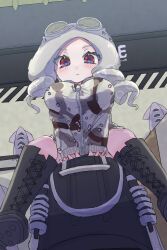 1girl black_boots bloblobber_(splatoon) boots breasts camouflage camouflage_jacket curly_hair goggles goggles_on_head jacket large_breasts looking_at_viewer nintendo octoling octoling_girl octoling_player_character rabimero red_eyes shorts sitting sitting_on_weapon solo solo_focus splatoon_(series) splatoon_3 tentacle_hair tentacles weapon white_hair zipper