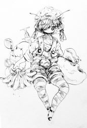 Rule 34 | 1other, androgynous, antennae, closed mouth, duster, greyscale, hair over one eye, holding, looking at viewer, monochrome, one eye covered, original, overalls, pantyhose, sack, shima (wansyon144), short hair, simple background, sitting, solo, striped clothes, striped pantyhose, white background