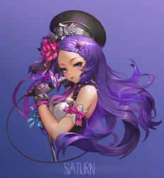 Rule 34 | 1girl, absurdres, anchor symbol, bare shoulders, beret, black hat, blue background, blue ribbon, bow, breasts, center frills, character name, colored eyelashes, cropped torso, destiny child, fingerless gloves, flower, frills, gloves, gradient background, grey gloves, hair flower, hair ornament, hat, highres, holding, holding microphone, long hair, medium breasts, microphone, necktie, pink bow, purple background, purple bow, purple eyes, purple hair, purple necktie, red flower, ribbon, saturn (destiny child), shirt, sleeveless, sleeveless shirt, solo, star (symbol), tie clip, upper body, white shirt, y.i. (lave2217)