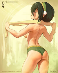 Rule 34 | 1girl, artist name, ass, avatar: the last airbender, avatar legends, backboob, black hair, breasts, commentary, cowboy shot, drying, drying body, english commentary, english text, from behind, furrowed brow, green hairband, green panties, hair bun, hairband, hands up, looking at viewer, looking back, medium breasts, panties, parted lips, queen complex, short hair, single hair bun, solo, standing, thighs, toph bei fong, topless, towel, underwear, watermark, web address, yellow background