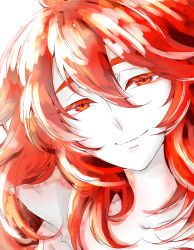 Rule 34 | absurdres, androgynous, gender request, highres, houseki no kuni, long hair, padparadscha (houseki no kuni), portrait, red eyes, red hair, shirt, smile, solo, white background