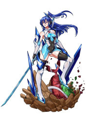 Rule 34 | 10s, 1girl, armor, bare shoulders, blue hair, blush, bodysuit, boots, breasts, cameltoe, covered erect nipples, covered navel, elbow gloves, faux figurine, full body, gauntlets, gloves, headgear, highres, holding, holding sword, holding weapon, kazanari tsubasa, knee boots, leotard, lips, long hair, looking up, medium breasts, noise (symphogear), parted lips, purple eyes, revision, rubble, senki zesshou symphogear, shiny clothes, side ponytail, simple background, skin tight, solo, standing, sword, thigh boots, thighhighs, weapon, white background, white footwear, white thighhighs, zhen long