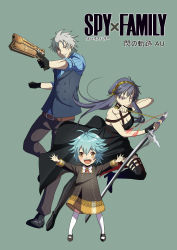 Rule 34 | 1boy, 2girls, aged down, black dress, black gloves, blue hair, breasts, child, cleavage, collar, crow armbrust, dress, eiyuu densetsu, english text, eyebrows, eyebrows hidden by hair, falcom, family, full body, genderswap, genderswap (mtf), gloves, gun, hair between eyes, hair ornament, high heels, highres, holding, holding gun, holding sword, holding weapon, japanese text, legs, long hair, looking at viewer, millium orion, multiple girls, open mouth, parody, parted lips, purple eyes, rean schwarzer, sen no kiseki, shirt, shoes, silver hair, simple background, spiked hair, spy x family, standing, stiletto heels, striped clothes, striped shirt, sword, teeth, thighhighs, thighs, tongue, upper teeth only, vest, weapon, wing collar