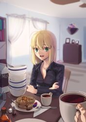 Rule 34 | 1girl, ahoge, alternate costume, artoria pendragon (all), artoria pendragon (fate), black shirt, blonde hair, boa (brianoa), bowl, breasts, carton, cup, fate/stay night, fate (series), food, fork, green eyes, hair down, highres, holding, holding cup, indoors, knife, long sleeves, looking at viewer, medium hair, milk carton, pancake, pepper shaker, plate, pov, saber (fate), salt shaker, shirt, small breasts, solo focus, table
