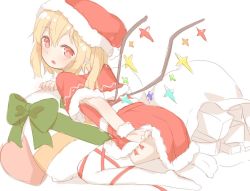 Rule 34 | 1girl, alternate costume, blonde hair, blush, bow, capelet, flandre scarlet, from side, full body, green bow, hair between eyes, hat, leaning forward, looking at viewer, no shoes, open mouth, pointy ears, red eyes, red skirt, sack, sakurea, santa costume, seiza, simple background, sitting, skirt, solo, thighhighs, touhou, white background, white thighhighs, zettai ryouiki