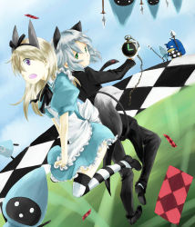 Rule 34 | 2girls, alice (alice in wonderland), alice (alice in wonderland) (cosplay), alice in wonderland, animal ears, apron, blonde hair, bow, card, cat ears, cat tail, cosplay, dress, eila ilmatar juutilainen, floating card, formal, fox ears, fox tail, green eyes, haruichi (sazanami complex), long hair, multiple girls, necktie, open mouth, pocket watch, polearm, purple eyes, sanya v. litvyak, short hair, silver hair, spear, strike witches, striped clothes, striped legwear, striped thighhighs, suit, tail, thighhighs, tonttu, watch, weapon, world witches series