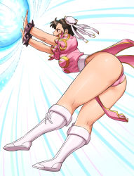 Rule 34 | 1girl, alternate color, ass, boots, bracelet, breasts, brown hair, capcom, china dress, chinese clothes, chun-li, commentary request, double bun, dress, full body, hair bun, hair ornament, highres, jewelry, kikouken, knee boots, medium breasts, open mouth, puffy short sleeves, puffy sleeves, shigenobu, shiny skin, short sleeves, simple background, solo, spiked bracelet, spikes, street fighter, street fighter ii (series), white background, white footwear