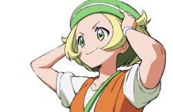 Rule 34 | 1girl, bag, bianca (pokemon), blonde hair, blurry, closed mouth, commentary, creatures (company), game freak, green eyes, green hat, hands on headwear, hands up, hat, nintendo, pokemon, pokemon bw, short sleeves, shoulder bag, smile, solo, upper body, v-shaped eyebrows, white background, wristband, yoko.u