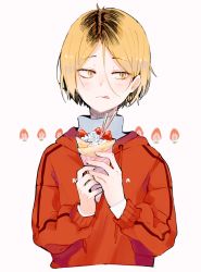 Rule 34 | 1boy, :q, black hair, blonde hair, blush, closed mouth, collar, commentary, crepe, food, food on face, fruit, haikyuu!!, hair between eyes, holding, holding food, hood, hood down, hoodie, kozume kenma, long sleeves, looking away, male focus, multicolored hair, parted bangs, red hoodie, shiu (pika), short hair, simple background, solo, strawberry, tongue, tongue out, two-tone hair, upper body, white background, yellow eyes