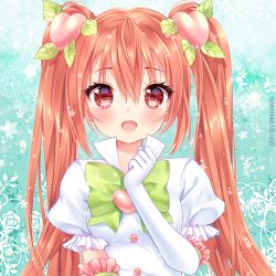 Rule 34 | 1girl, :d, artist name, bad id, bad pixiv id, blush, bow, brown eyes, brown hair, buttons, commentary, commission, elbow gloves, flower, food, food-themed hair ornament, frilled gloves, frilled shirt, frills, fruit, gloves, green bow, hair between eyes, hair ornament, leaf, long hair, looking at viewer, nami (nyaa), open mouth, original, peach, peach hair ornament, puffy short sleeves, puffy sleeves, shirt, short sleeves, smile, solo, star (symbol), twintails, upper body, white gloves, white shirt