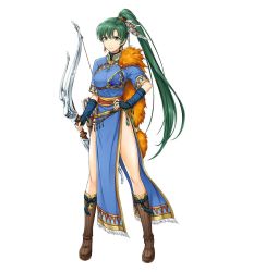 Rule 34 | 1girl, bad id, bad twitter id, boots, bow (weapon), breasts, dress, earrings, female focus, fingerless gloves, fire emblem, fire emblem: the blazing blade, fire emblem heroes, full body, gloves, green eyes, green hair, high ponytail, holding, holding bow (weapon), holding weapon, jewelry, long hair, looking at viewer, lyn (fire emblem), matching hair/eyes, nintendo, official art, ponytail, simple background, smile, solo, standing, very long hair, weapon, white background, yamada koutarou