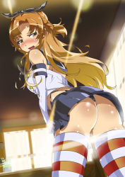 Rule 34 | 1girl, ass, asuna (sao), black hair, black panties, blush, body blush, brown hair, cosplay, crop top, crop top overhang, crossover, elbow gloves, fang, from below, gloves, hairband, kantai collection, long hair, looking back, panties, shimakaze (kancolle), shimakaze (kancolle) (cosplay), shiny skin, short hair, socks, solo, striped clothes, striped socks, striped thighhighs, sword art online, tashiromotoi, thighhighs, thong, underwear