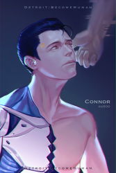 Rule 34 | 1boy, ahoge, android, black hair, blue hair, brown eyes, brown hair, character name, connor (detroit), copyright name, detroit: become human, expressionless, hair slicked back, hand on another&#039;s head, male focus, mechanical parts, out of frame, pt., solo focus