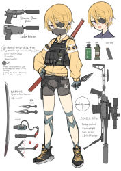 Rule 34 | 1girl, 9x19mm parabellum, ammunition, belt, bike shorts, black belt, black footwear, black shorts, blonde hair, bolt action, bullet, commentary request, english text, equipment layout, explosive, eyepatch, glaring, gloves, green gloves, grenade, gun, hand grenade, hand on own hip, handgun, handgun cartridge, highres, holding, holding gun, holding knife, holding weapon, holster, jacket, knife, kodachi, kunai, less-than-lethal weapon, long sleeves, looking at viewer, magazine (weapon), mask, mouth mask, ninja, open mouth, original, pistol, pistol cartridge, purple eyes, red eyes, remington model 700, rifle, samaru (seiga), scope, shoes, short hair, short sword, shorts, smile, smoke grenade, sneakers, sniper rifle, standing, stun grenade, suppressor, sword, thigh strap, translation request, utility belt, weapon, weapon on back, white background, yellow jacket