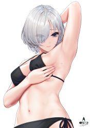 Rule 34 | 1girl, arm up, armpits, bare arms, bikini, black bikini, breasts, bug bite, closed mouth, cowboy shot, from side, grey hair, hair over one eye, highres, infinote, looking down, medium breasts, mole, mole on breast, nail polish, navel, original, pink nails, sashou mihiro, short hair, side-tie bikini bottom, signature, simple background, smile, solo, stomach, swimsuit, white background