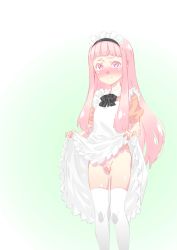 Rule 34 | 1girl, blush, cleft of venus, clothes lift, dress, dress lift, long hair, maid headdress, no panties, original, pink eyes, pink hair, pussy, solo, taka-michi, tears, thighhighs, uncensored, white thighhighs