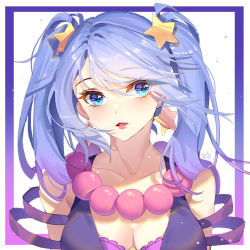 Rule 34 | 1girl, arcade sona, blue eyes, blue hair, earrings, jewelry, kan (rainconan), league of legends, lipstick, long hair, looking at viewer, makeup, necklace, sona (league of legends), star (symbol), twintails, white background