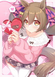 Rule 34 | 1girl, animal ears, argyle, argyle background, bananatsukis, blush, border, bow, box, brown hair, closed mouth, commentary request, cowboy shot, hair between eyes, hair bow, heart, heart-shaped box, highres, horse ears, horse girl, horse tail, long sleeves, looking at viewer, medium hair, official alternate costume, outside border, pink background, pink sweater, plaid, plaid skirt, skirt, smart falcon (umamusume), smile, solo, spoken heart, sweater, tail, thighhighs, umamusume, white border, white thighhighs, yellow eyes