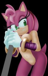 Rule 34 | 1girl, amy rose, animal ears, animal nose, arm wrap, black background, body fur, breasts, cowboy shot, female focus, furry, furry female, gloves, green eyes, grin, hairband, half-closed eyes, hands up, happy, holding, leaning forward, looking at viewer, medium breasts, navel, no lineart, no nipples, no pussy, own hands together, pink fur, pink hair, red hairband, rockthebull, short hair, sidelocks, simple background, smile, solo, sonic (series), sonic boom (series), standing, stomach, tail, teeth, thighs, white gloves