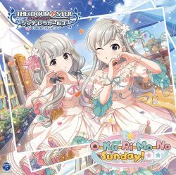 Rule 34 | 2girls, album cover, black ribbon, blue sky, blunt bangs, blush, braid, braided bangs, brown eyes, cover, day, dress, earrings, flower, green shorts, grey hair, hair ornament, hair ribbon, heart, heart hands, hisakawa hayate, hisakawa nagi, idol clothes, idolmaster, idolmaster cinderella girls, idolmaster cinderella girls starlight stage, jewelry, long hair, looking at viewer, low twintails, multiple girls, official art, open mouth, outdoors, ribbon, short sleeves, shorts, siblings, sisters, sky, twins, twintails, white dress
