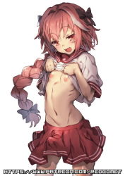 Rule 34 | 1boy, astolfo (fate), astolfo (sailor paladin) (fate), blush, braid, bulge, clothes lift, erection, erection under clothes, fate/apocrypha, fate/grand order, fate (series), hair intakes, hair ribbon, long hair, looking at viewer, male focus, nipples, official alternate costume, open mouth, pink hair, purple eyes, redcomet, ribbon, shirt lift, single braid, smile, solo, trap, watermark, web address
